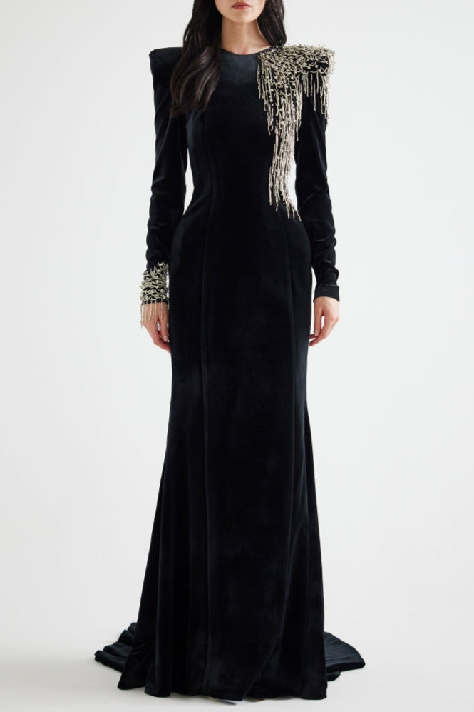 embroidered velvet maxi dress in black