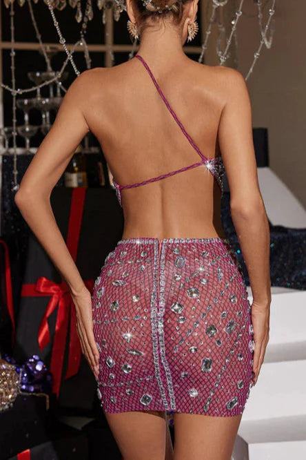 Hanne Backless Rhinestone Mesh Mini Dress In Pink