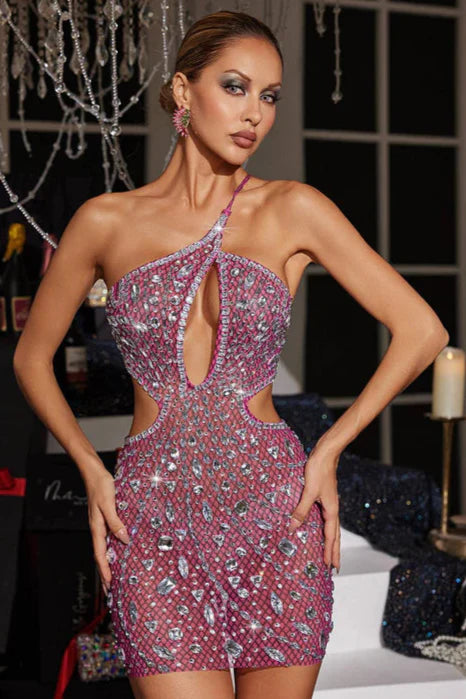 Hanne Backless Rhinestone Mesh Mini Dress In Pink
