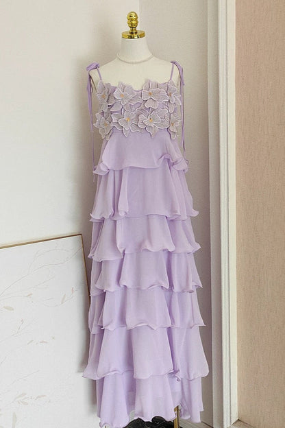 stacey sequined 3d-petal tiered maxi dress in purple