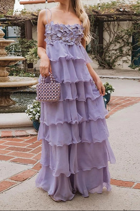 stacey sequined 3d-petal tiered maxi dress in purple