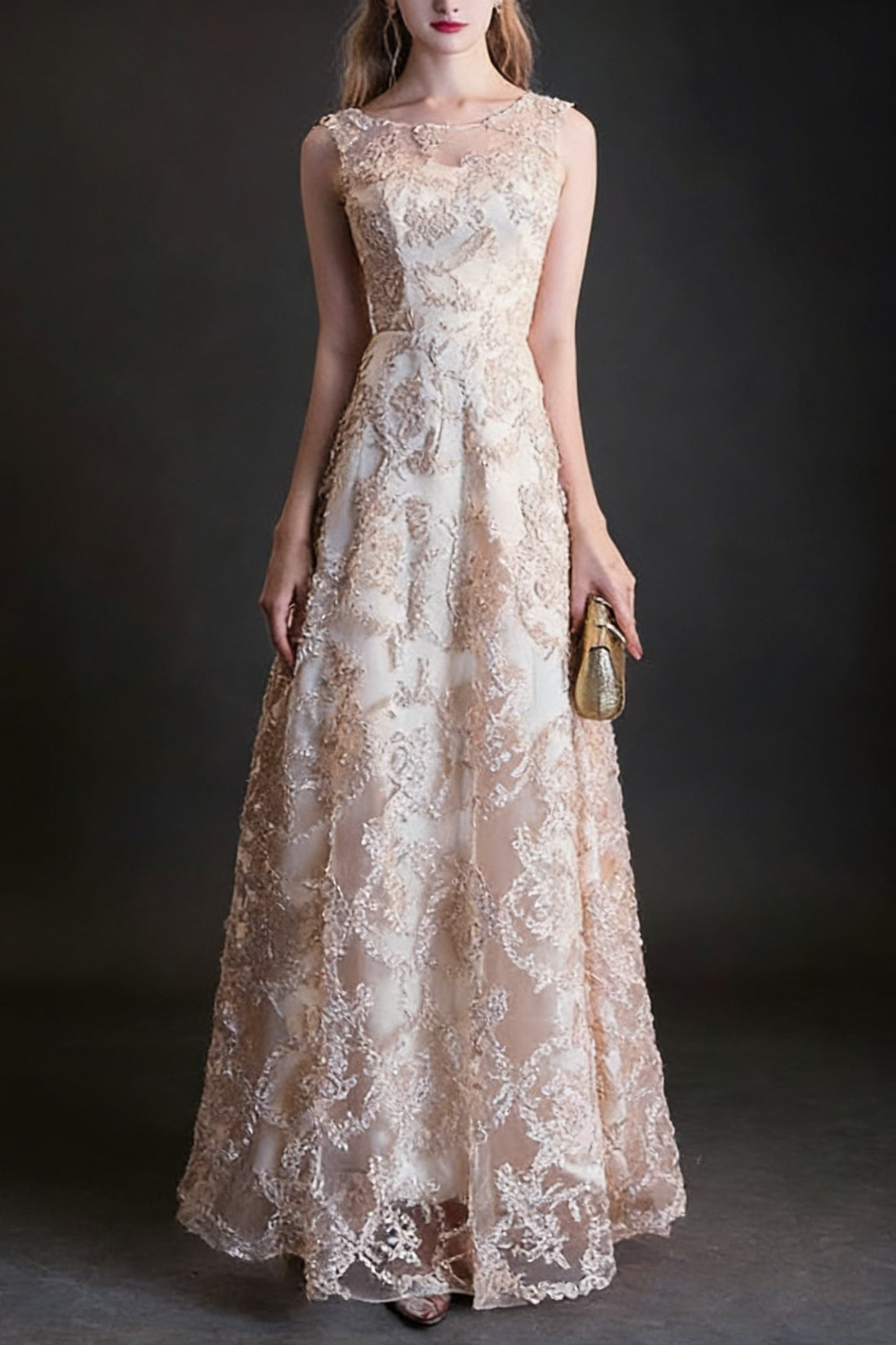 Queena Champagne elegant long evening gown suitable for banquets Maxi Dress