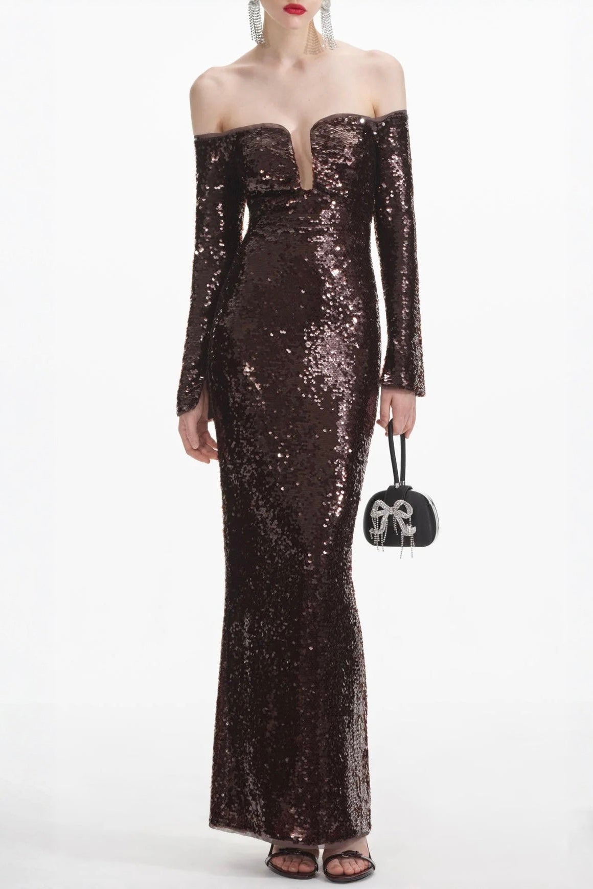 long sleeve sequin maxi dress in brown