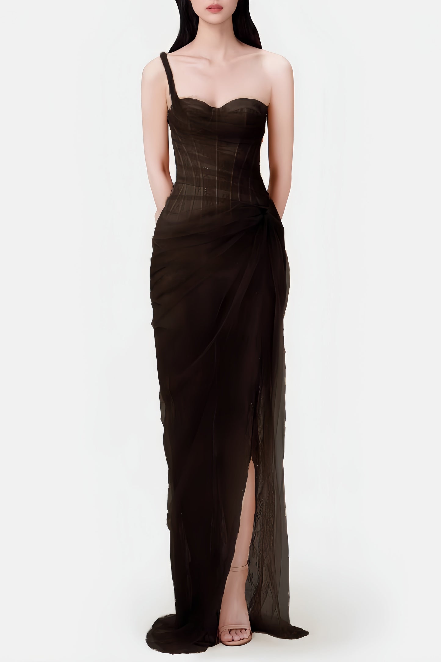 Lace Corset One Shoulder Midi Dress - Black