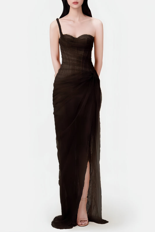 Lace Corset One Shoulder Midi Dress - Black