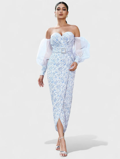 Izobel Off-Shoulder Embroidered Midi Dress – Icy Blue