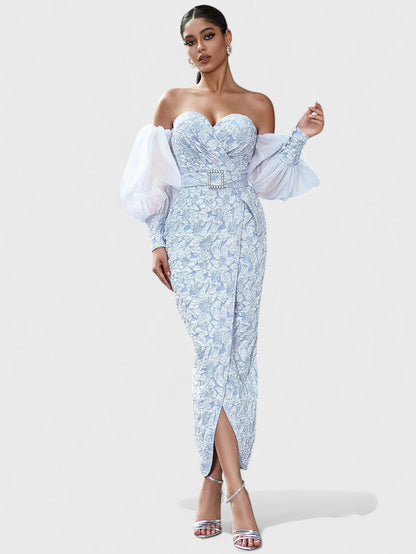 Izobel Off-Shoulder Embroidered Midi Dress – Icy Blue
