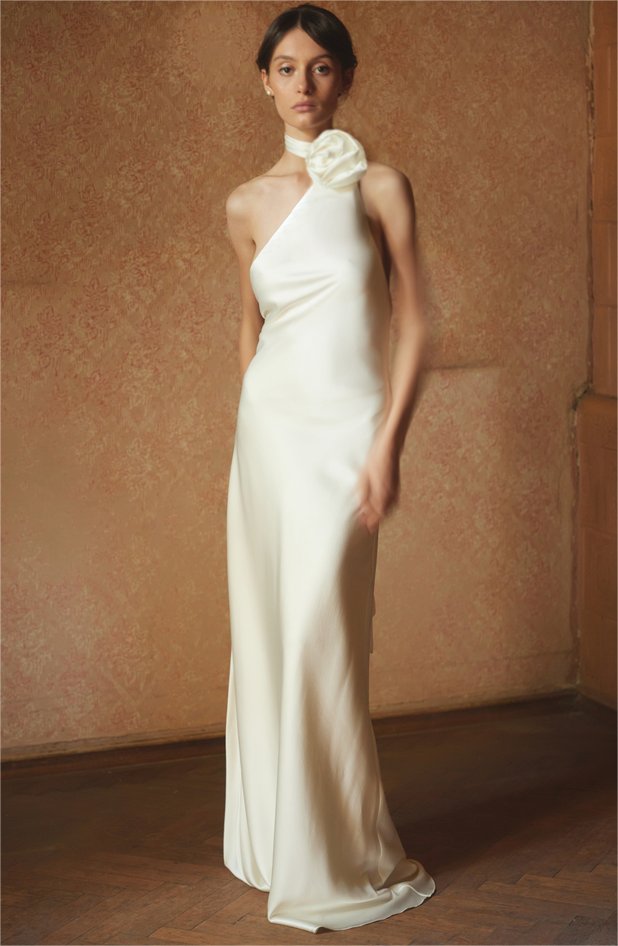 3Dフローラルサテンソリッドマキシドレス