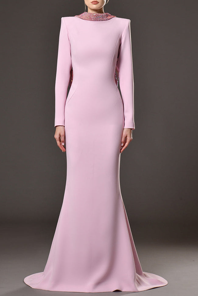 violet Pink crêpe maxi dress with crystal chainmail flower
