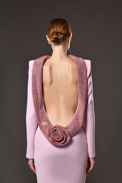 violet Pink crêpe maxi dress with crystal chainmail flower