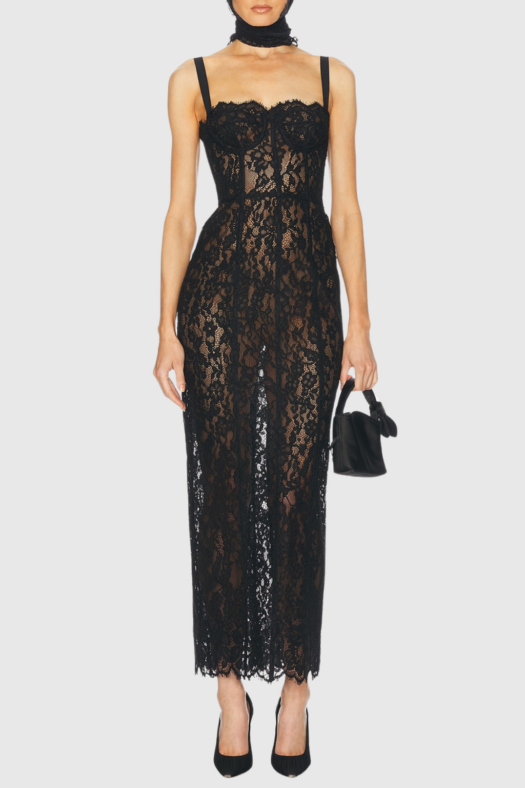 freda Lace Corset maxi Dress in black