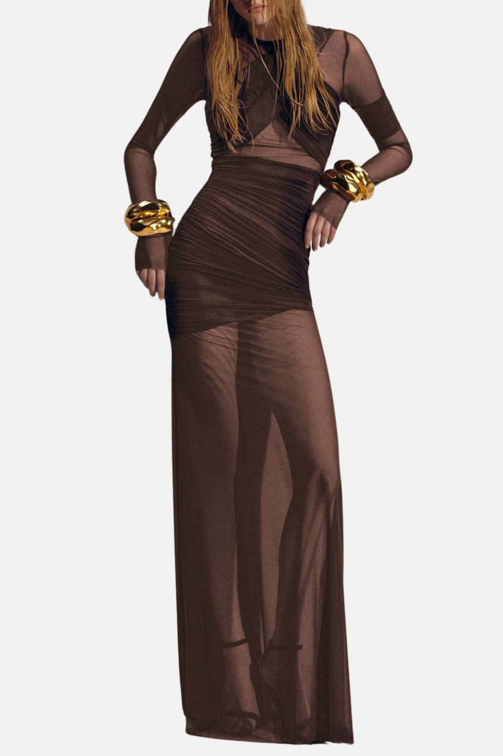 Jolleen Ruched Mesh Maxi Dress - Brown