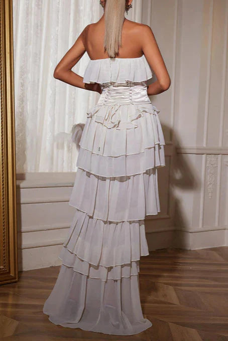 STRAPLESS RUCHED MESH MAXI DRESS IN WHITE