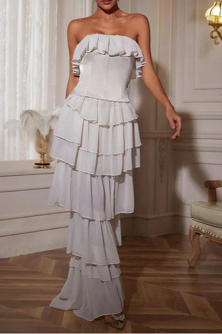 STRAPLESS RUCHED MESH MAXI DRESS IN WHITE