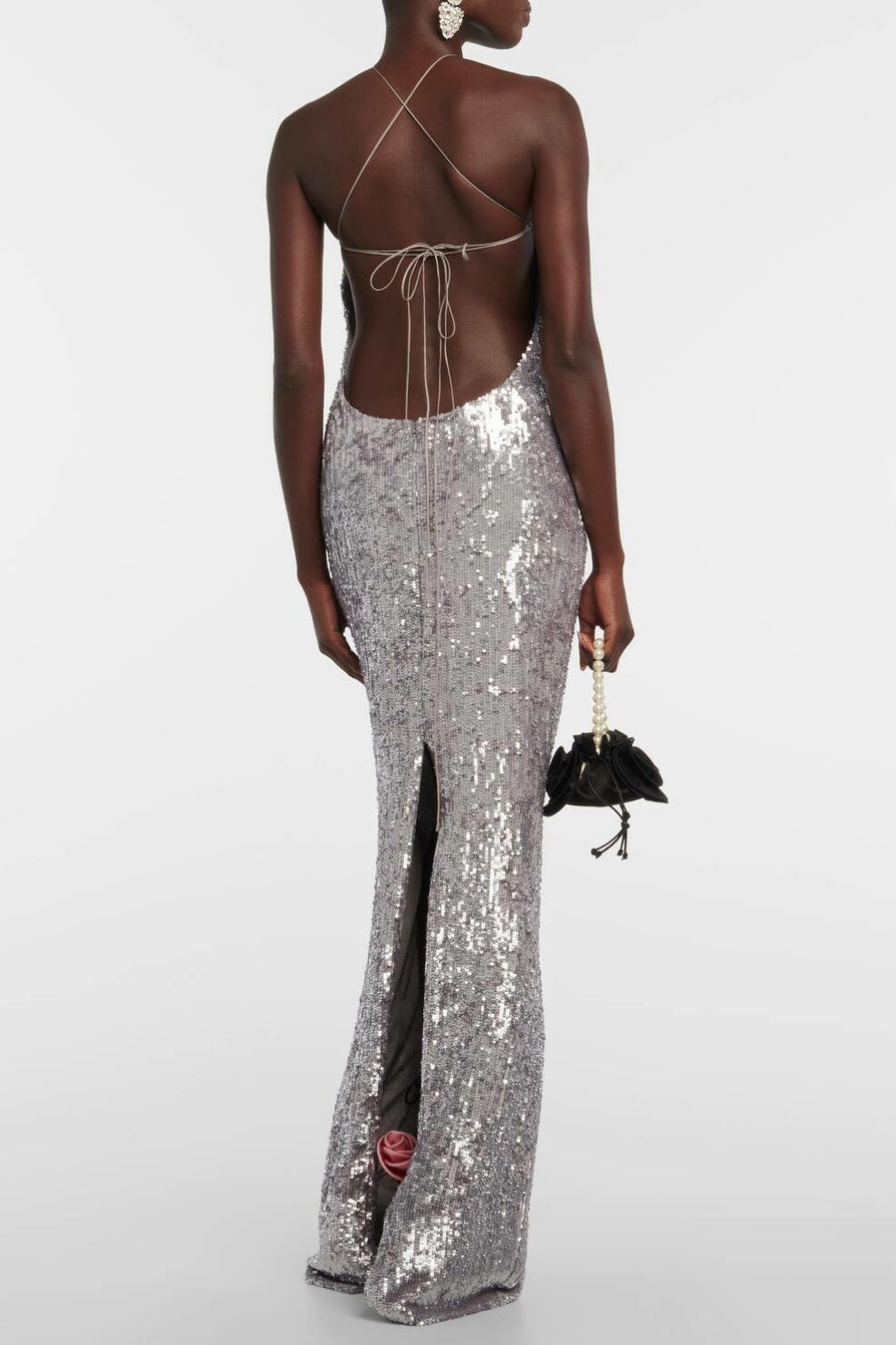 Abito lungo con paillettes floreali e schiena scoperta Kiara