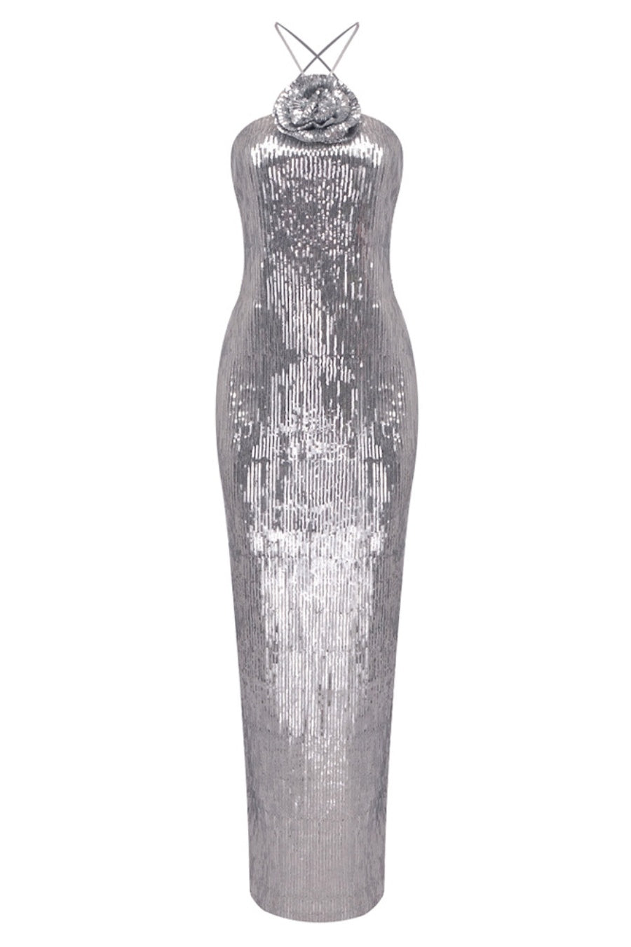 Abito lungo con paillettes floreali e schiena scoperta Kiara