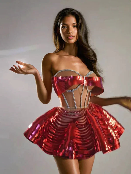 KRETSKA CRYSTAL METALLIC SKIRT SET IN RED