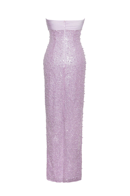 PINK SATIN SEQUIN PEARLS BEADED MAXI DRESS