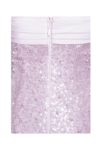 PINK SATIN SEQUIN PEARLS BEADED MAXI DRESS