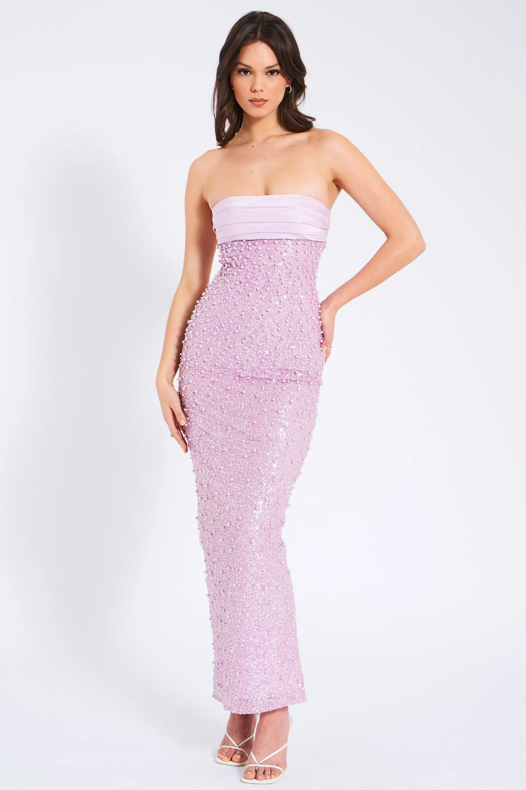 PINK SATIN SEQUIN PEARLS BEADED MAXI DRESS