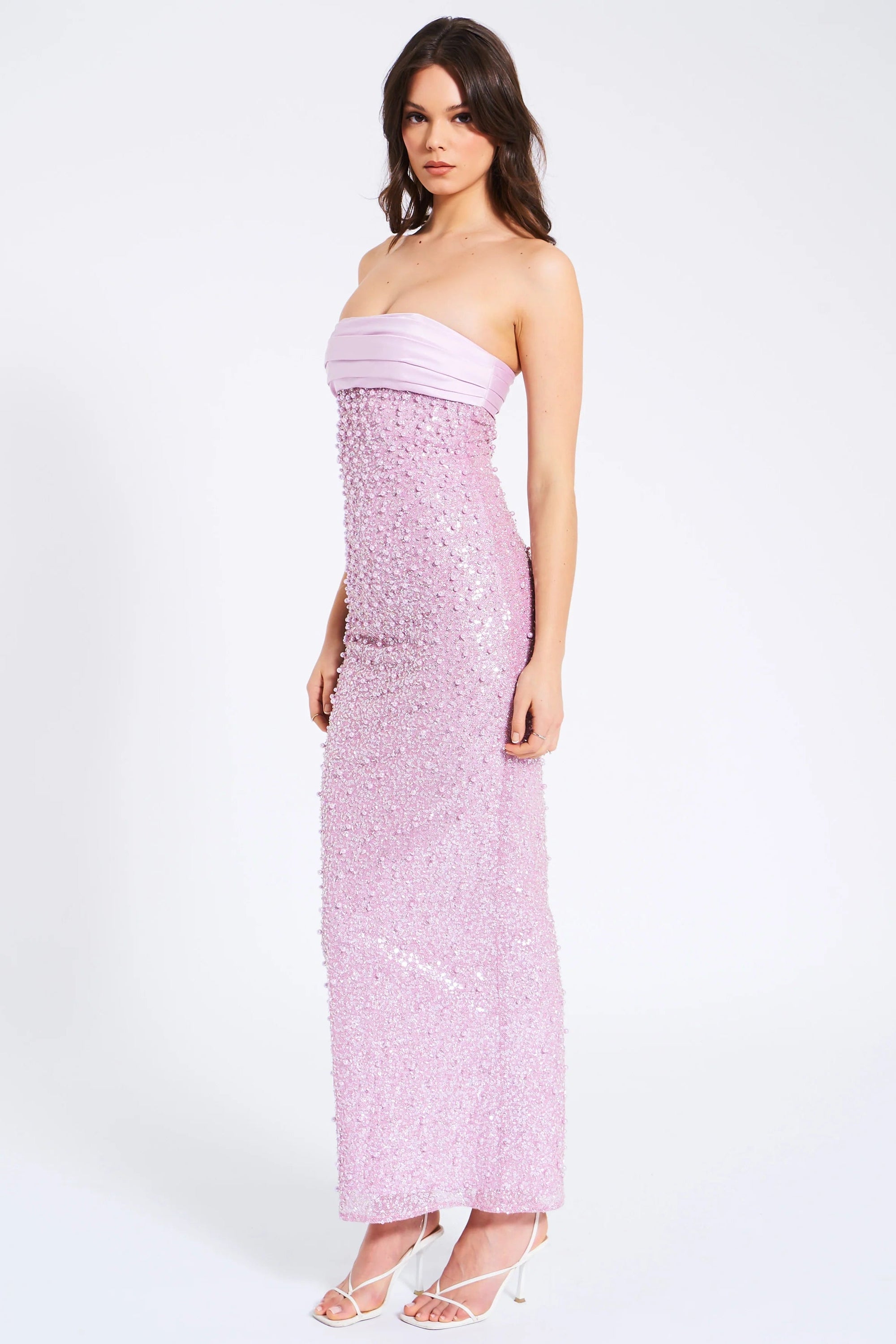 PINK SATIN SEQUIN PEARLS BEADED MAXI DRESS
