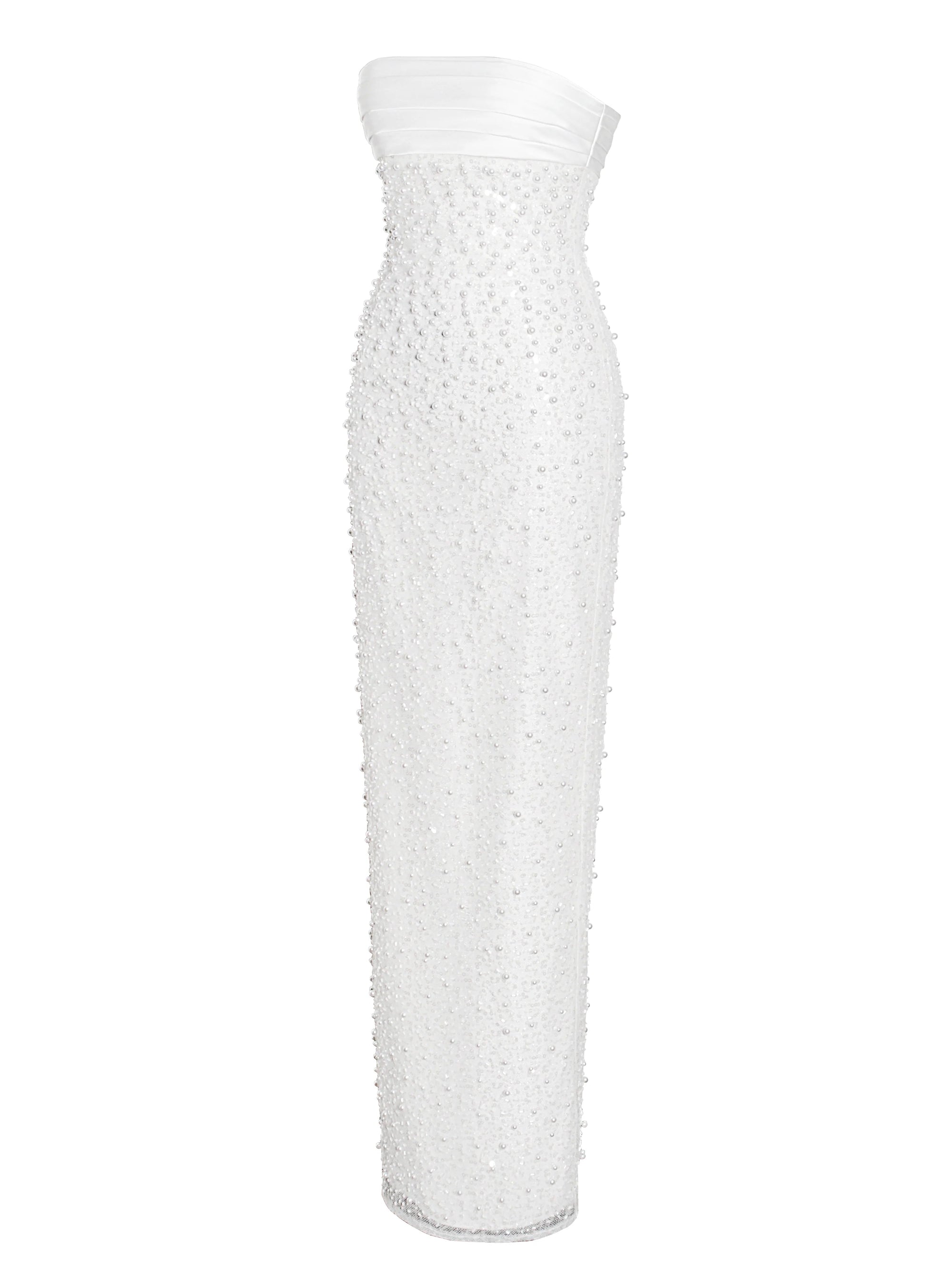 WHITE SATIN SEQUIN PEARLS BEADED MAXI DRESS