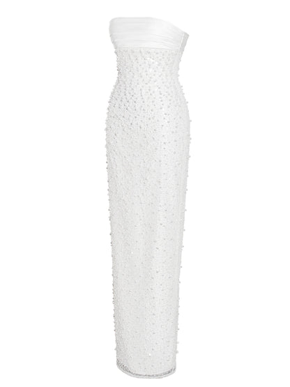 WHITE SATIN SEQUIN PEARLS BEADED MAXI DRESS
