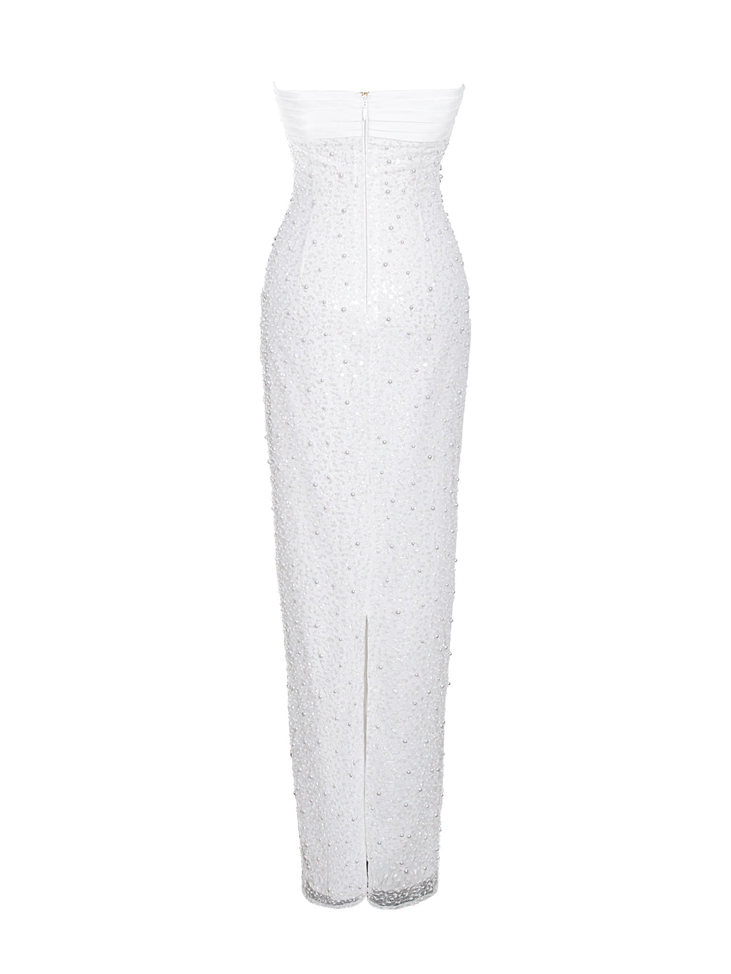 WHITE SATIN SEQUIN PEARLS BEADED MAXI DRESS