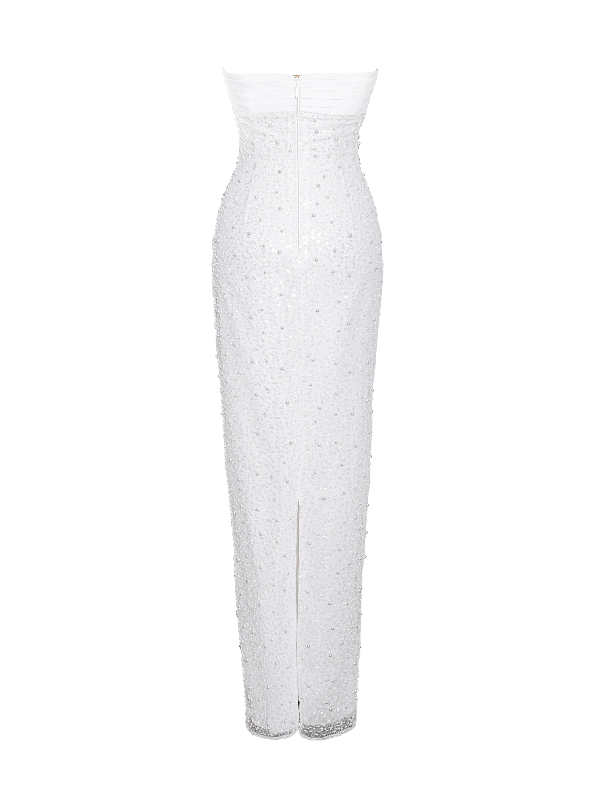 WHITE SATIN SEQUIN PEARLS BEADED MAXI DRESS