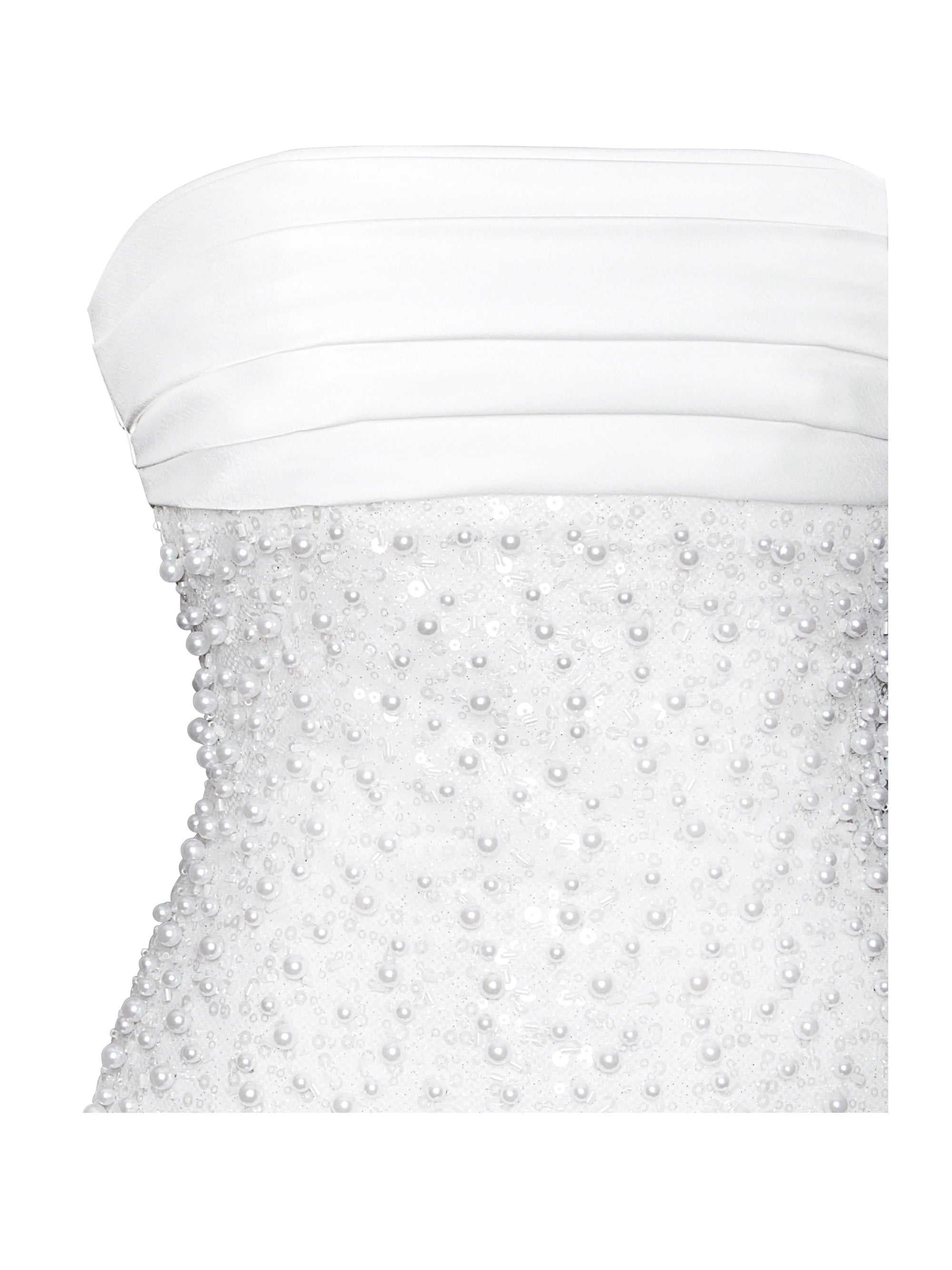 WHITE SATIN SEQUIN PEARLS BEADED MAXI DRESS