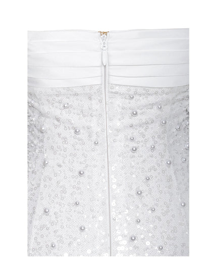 WHITE SATIN SEQUIN PEARLS BEADED MAXI DRESS