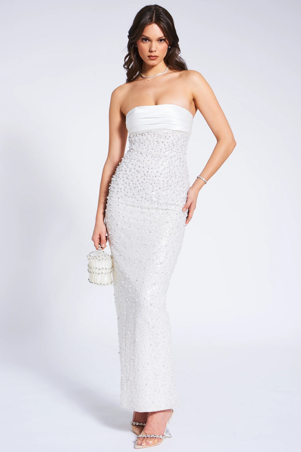 WHITE SATIN SEQUIN PEARLS BEADED MAXI DRESS