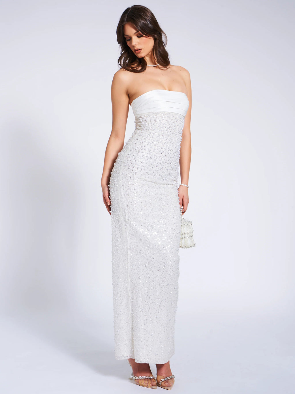 WHITE SATIN SEQUIN PEARLS BEADED MAXI DRESS