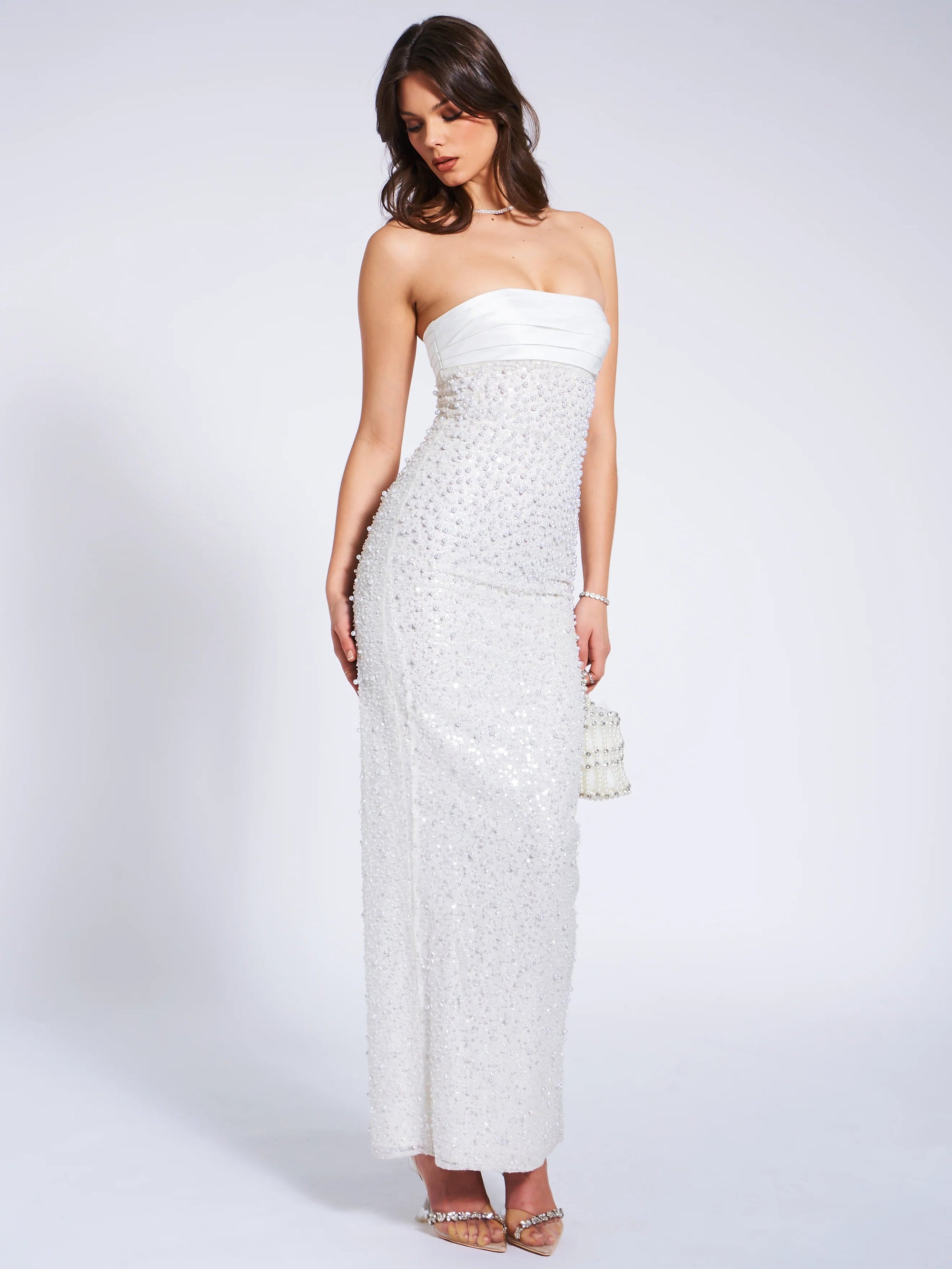 WHITE SATIN SEQUIN PEARLS BEADED MAXI DRESS