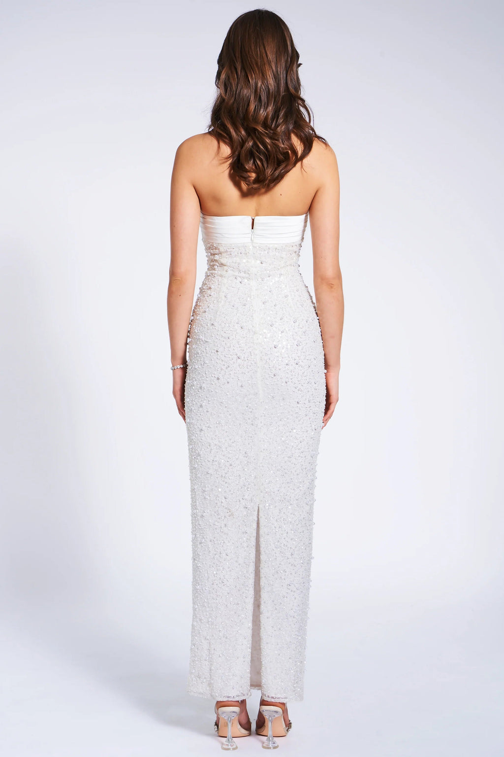 WHITE SATIN SEQUIN PEARLS BEADED MAXI DRESS