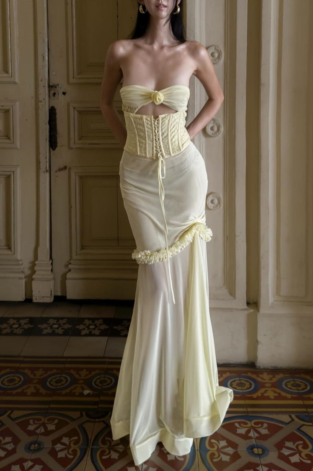 Mesh Cutout Corset Maxi Dress - Yellow