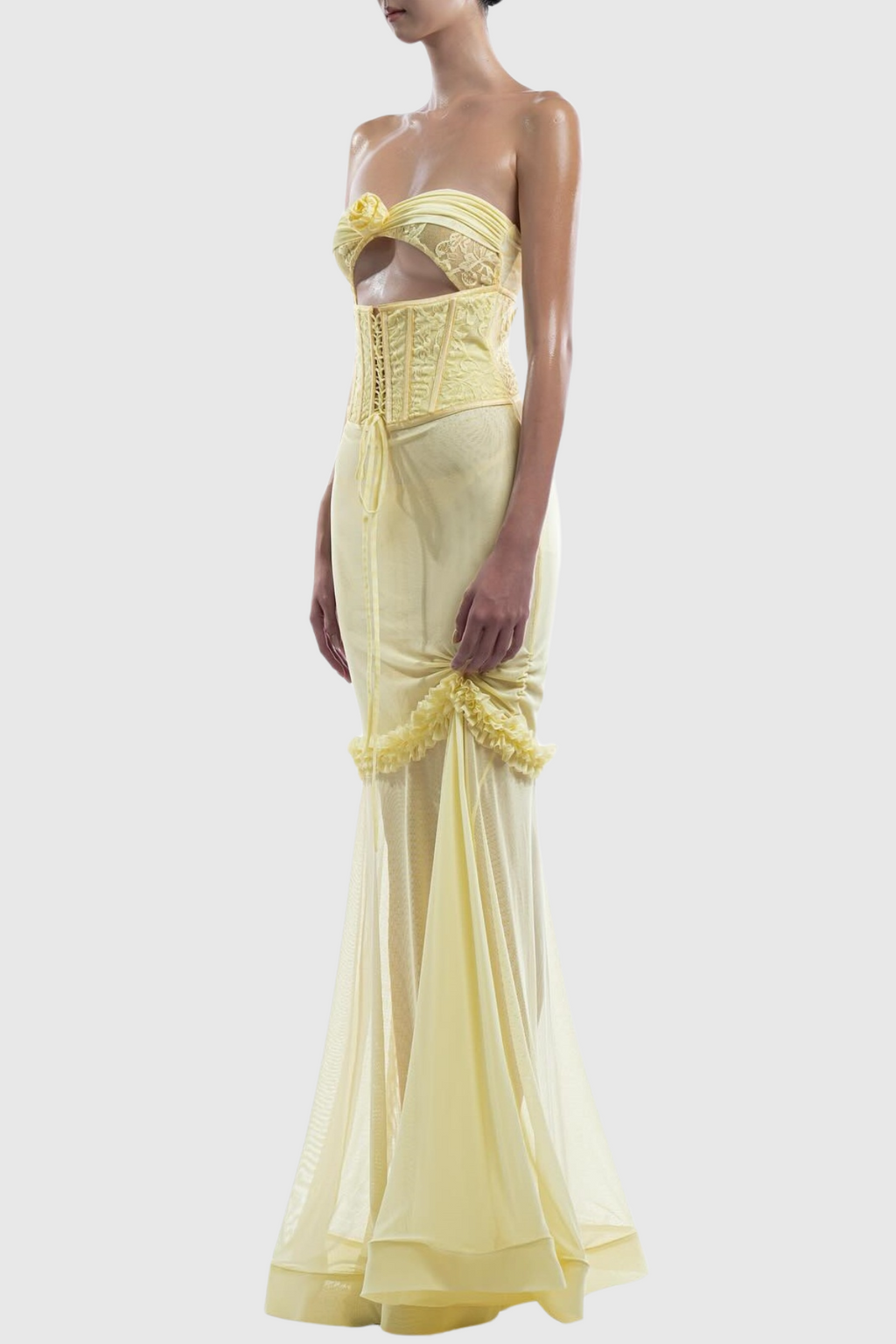 Mesh Cutout Corset Maxi Dress - Yellow