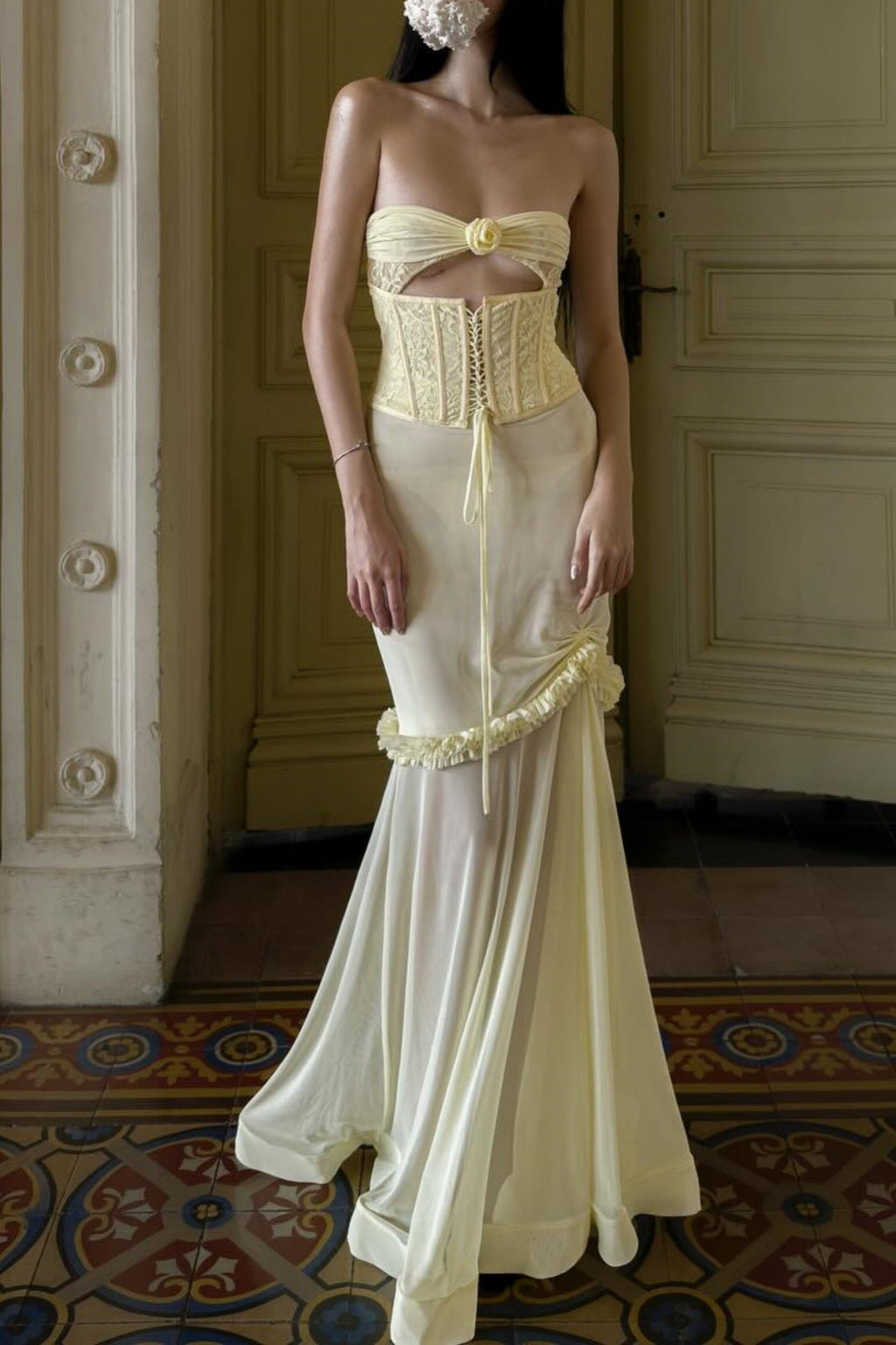 Mesh Cutout Corset Maxi Dress - Yellow