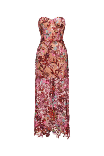 arabela CHACHI RED STRAPLESS FLOWER EMBROIDERY MAXI DRESS