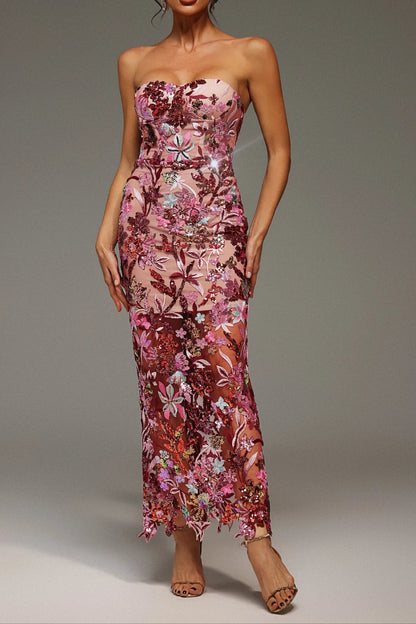 arabela CHACHI RED STRAPLESS FLOWER EMBROIDERY MAXI DRESS