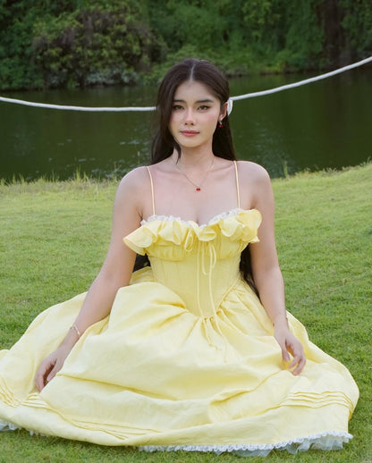 ruffle corset puffy maxi dress in yellow