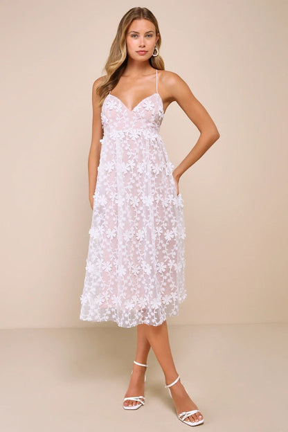 3D Floral Applique Midi Dress in White