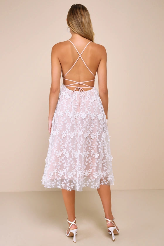 3D Floral Applique Midi Dress in White