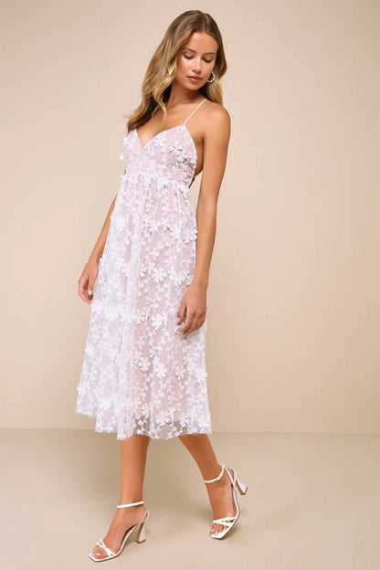 3D Floral Applique Midi Dress in White