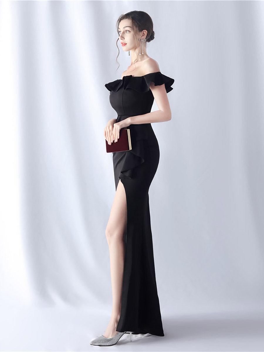 Off Shoulder Ruffled Split Thigh Prom Dress