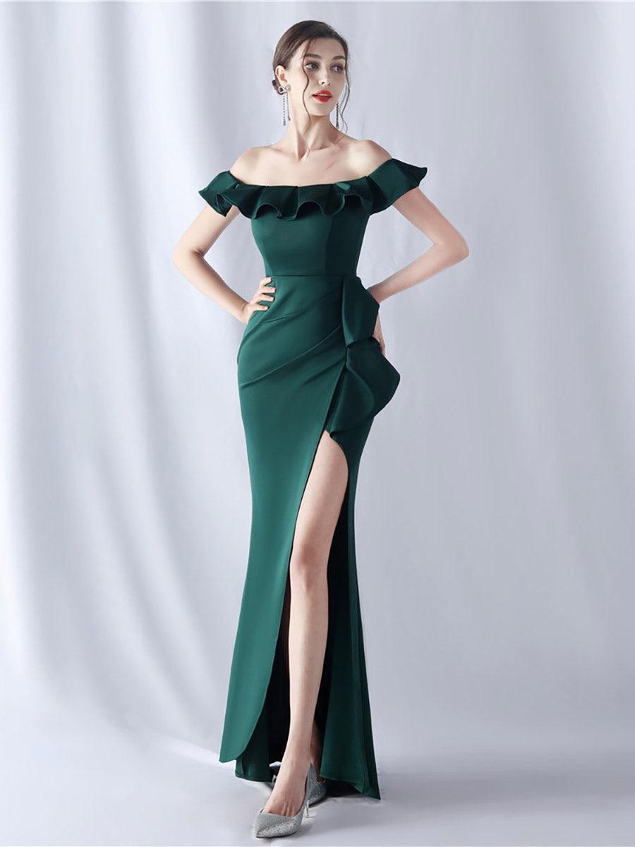 Off Shoulder Ruffled Split Thigh Prom Dress