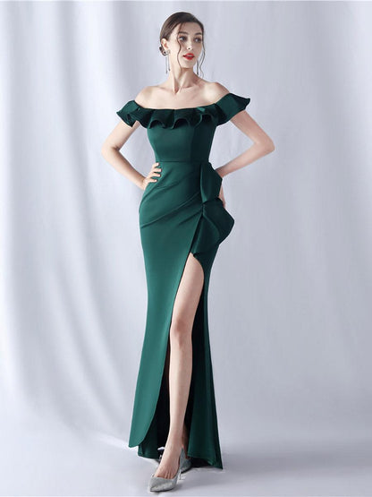 Off Shoulder Ruffled Split Thigh Prom Dress