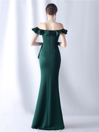 Off Shoulder Ruffled Split Thigh Prom Dress