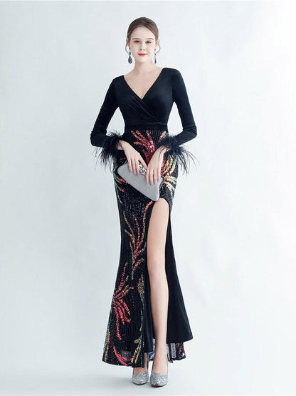 Long Sleeve Velvet Feather Wrap Prom Dress