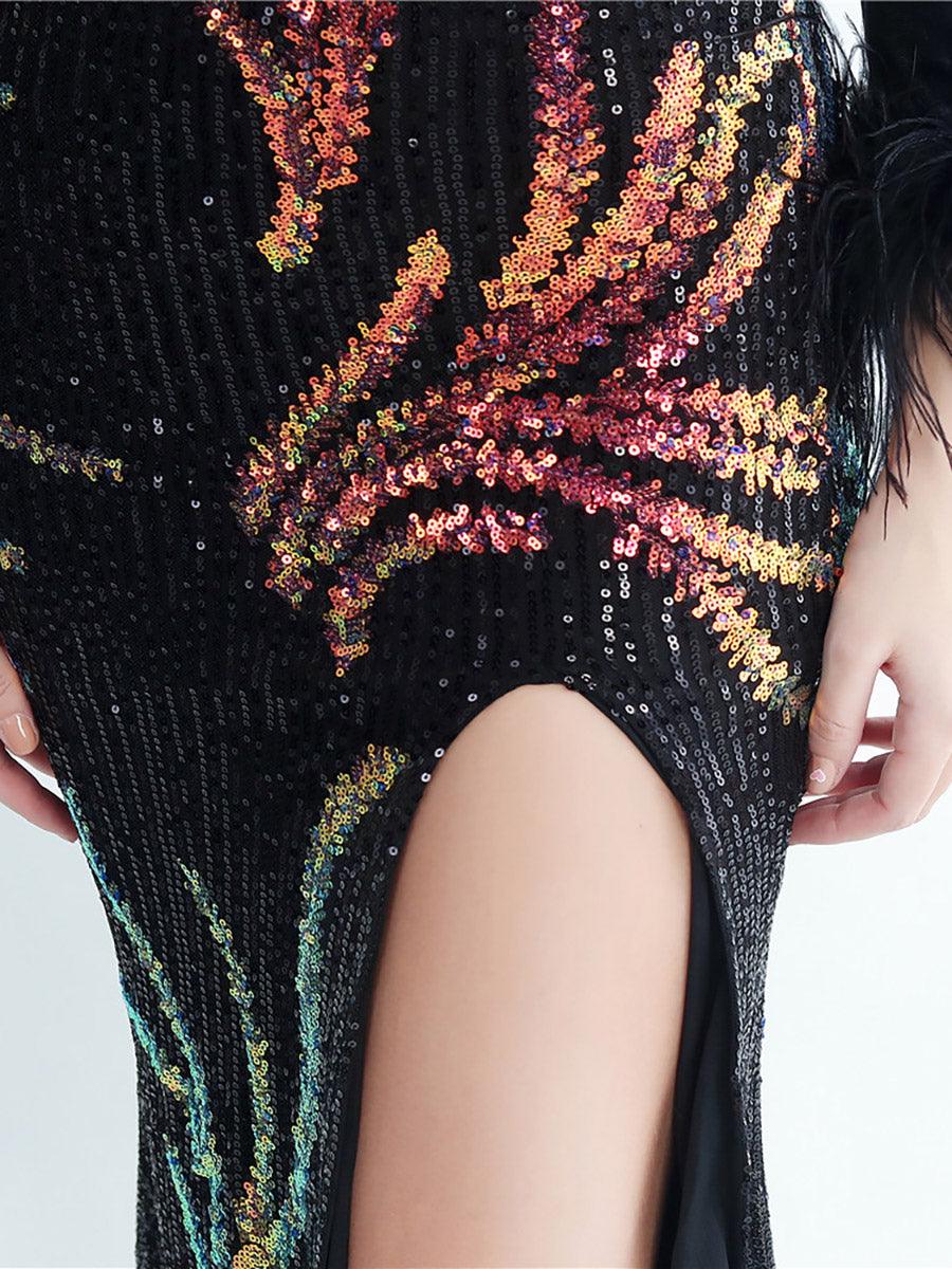 Long Sleeve Velvet Feather Wrap Prom Dress